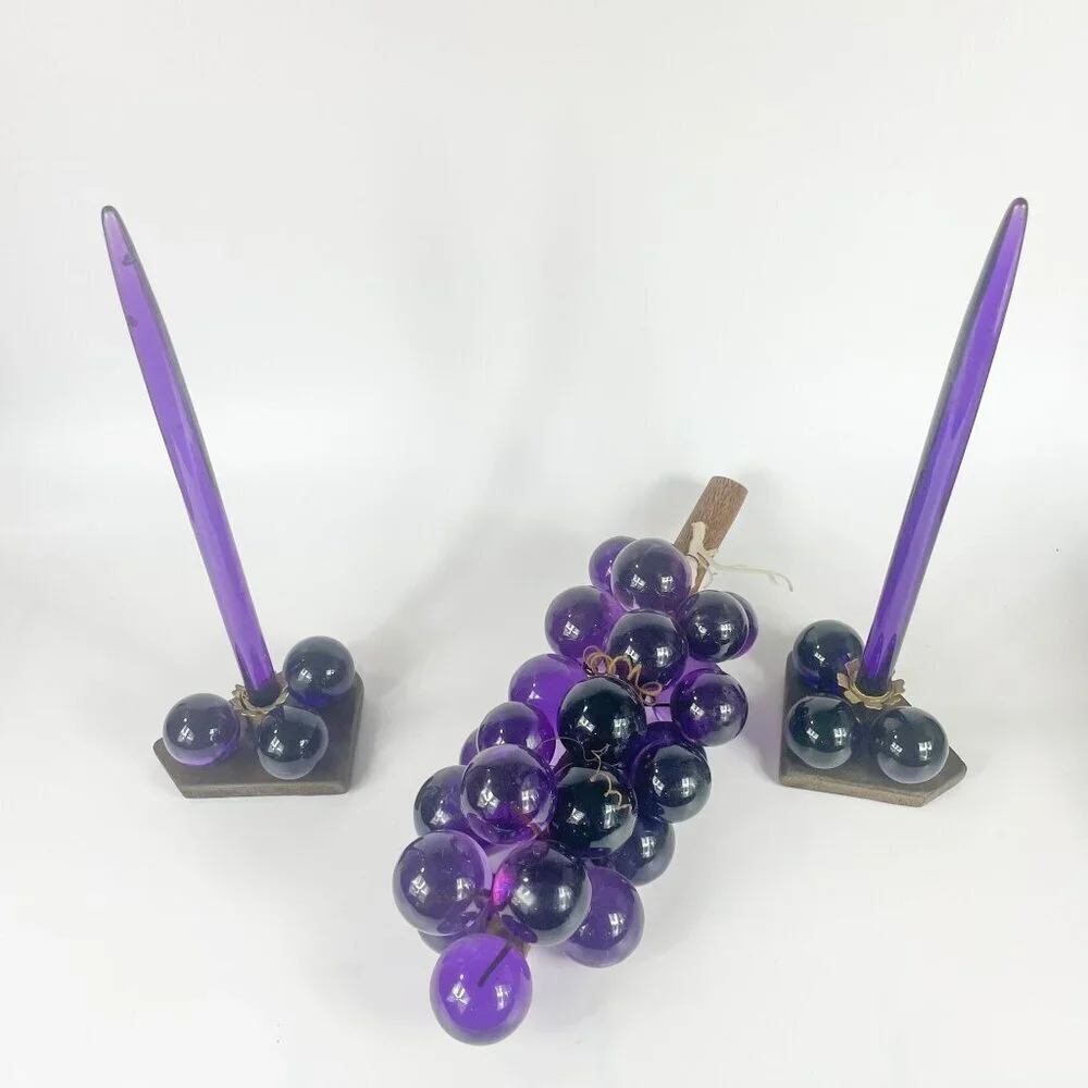 Purple Lucite Large Grapes On Burl Wood Candleholders Candles Console Set